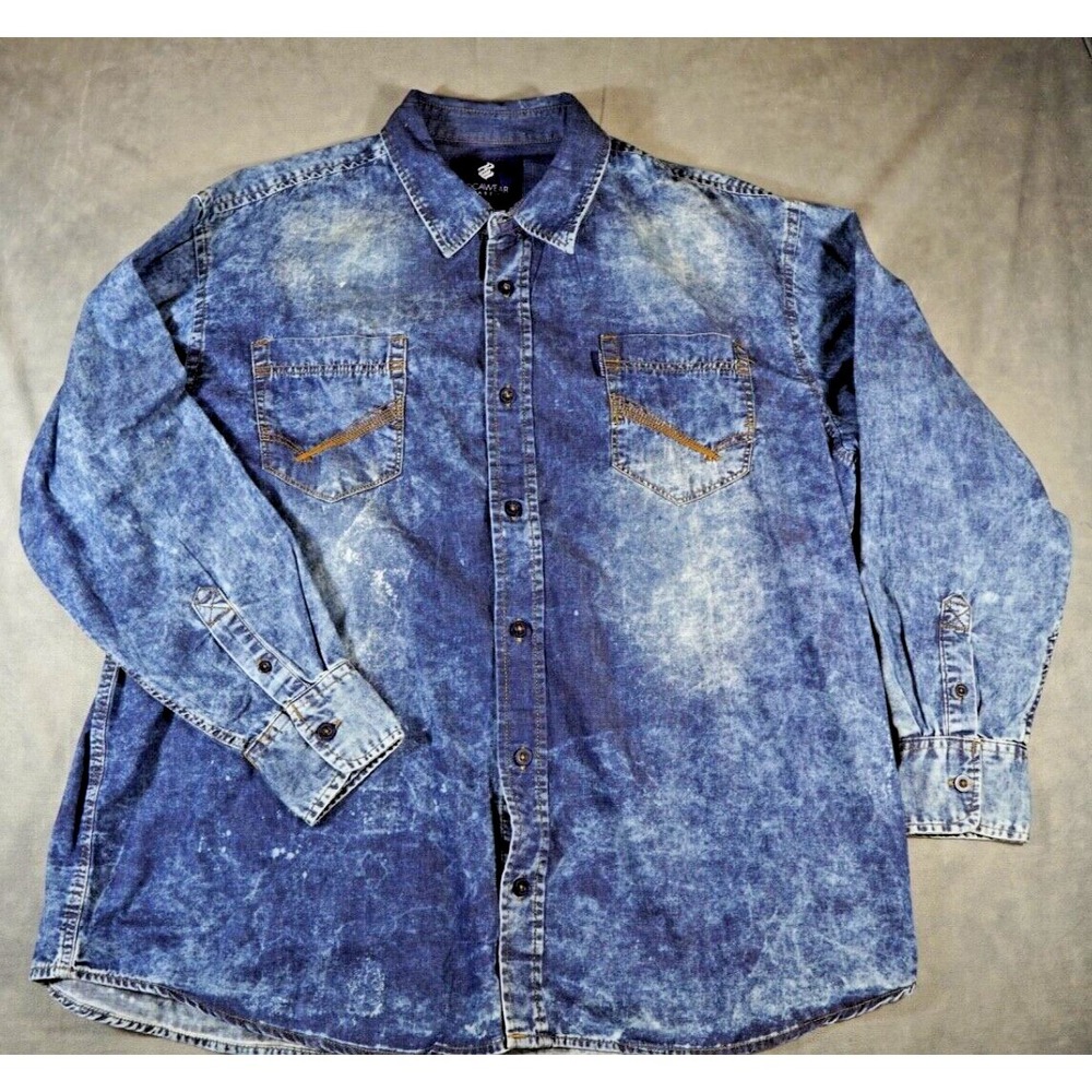 Rocawear Classic Button-Up Shirt Men's 3XB Long Sleeve Blue Embroidered Pockets